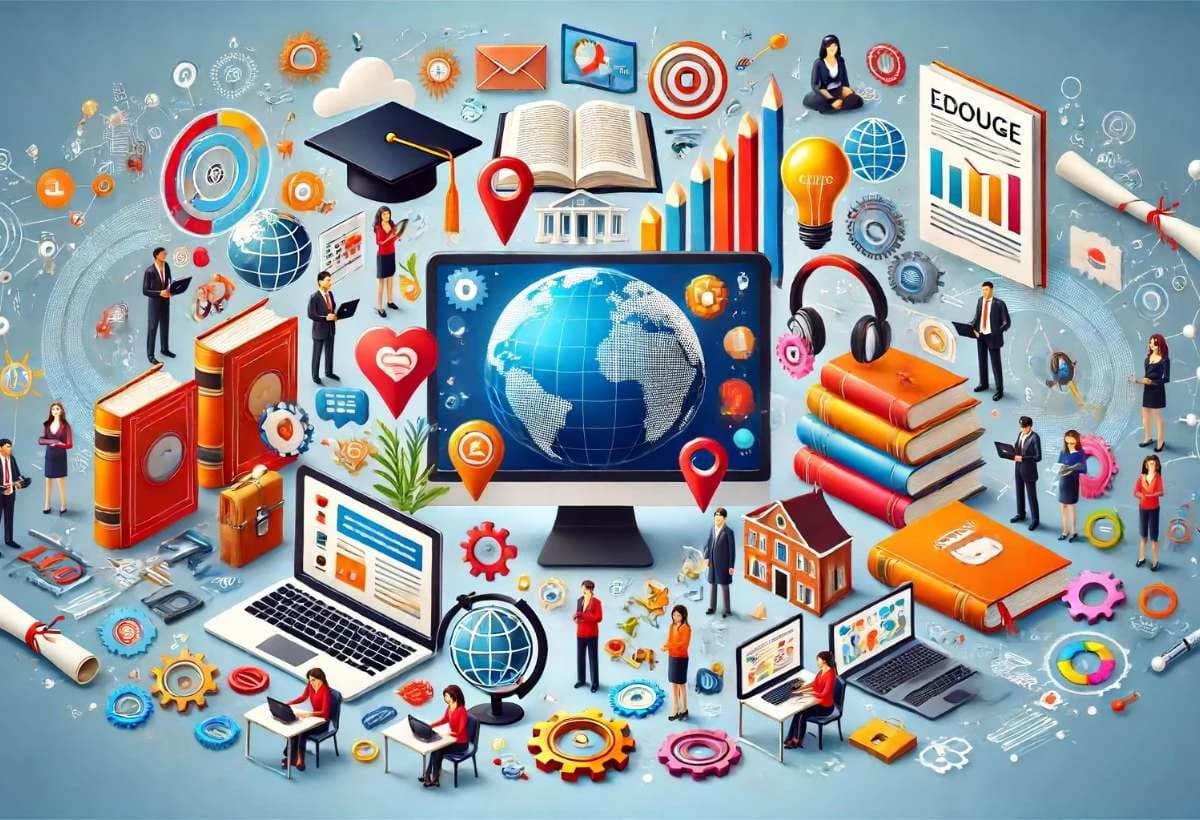 Ícones de educação online mostrando livros, computadores e alunos de diferentes partes do mundo conectados virtualmente.