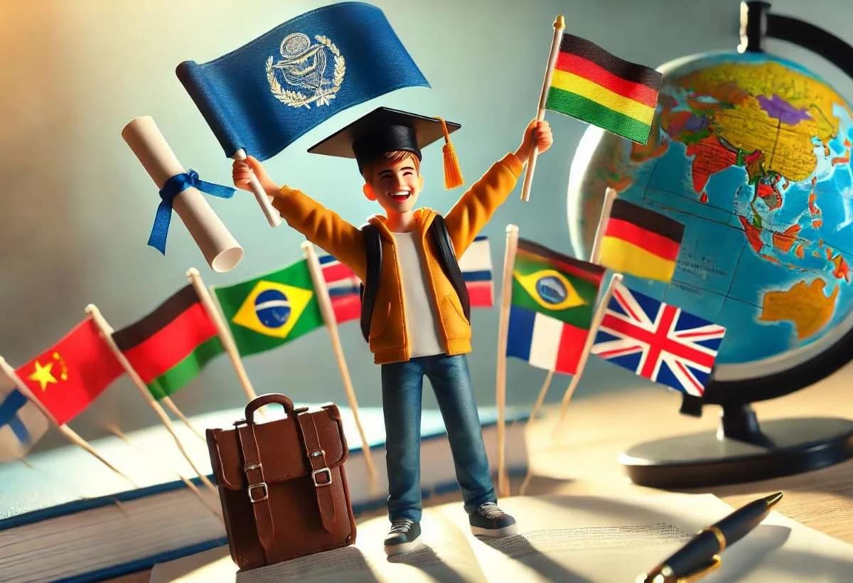 Estudante comemorando a conquista de uma bolsa de estudos internacional, segurando um diploma e uma bandeira de outro país.