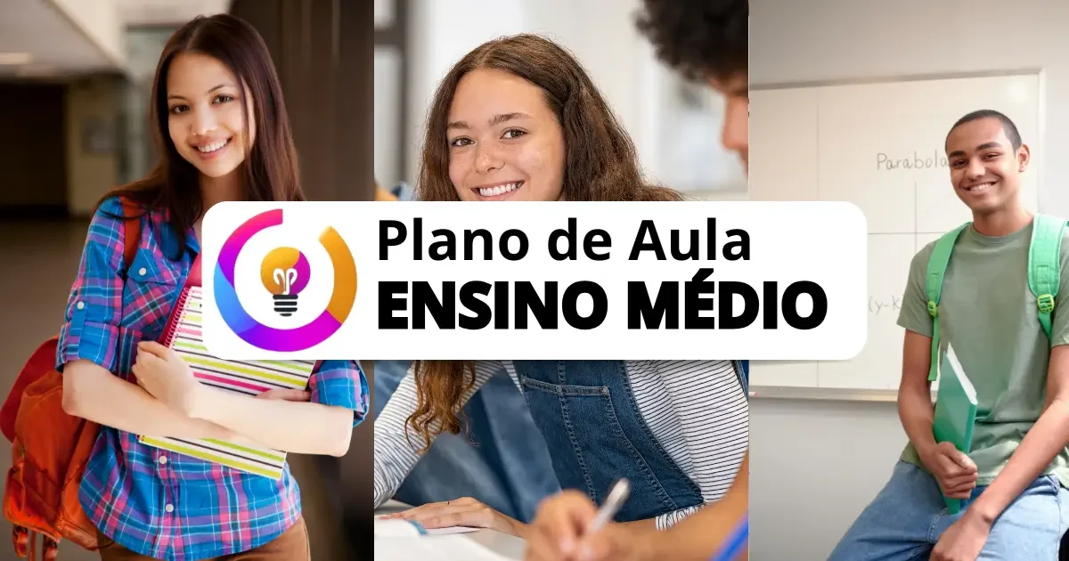 Plano de aula para ensino médio com campos para objetivos, conteúdos, metodologia e avaliação.