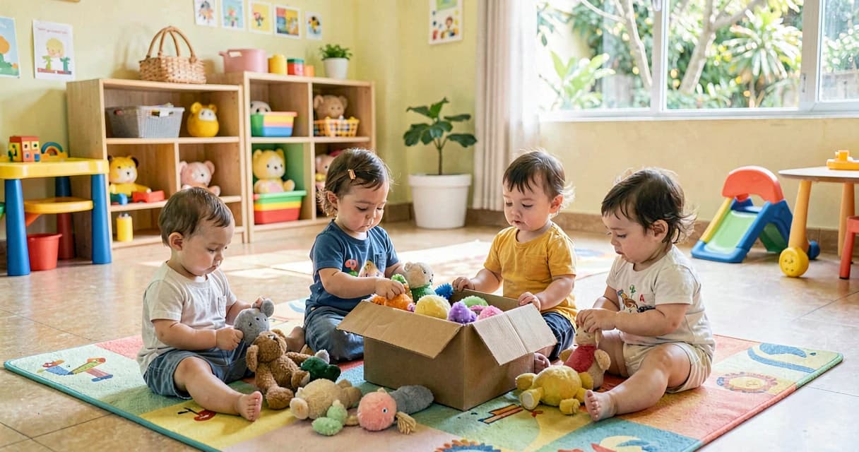 plano de aula caixa misteriosa: bebês da creche explorando objetos retirados de uma caixa