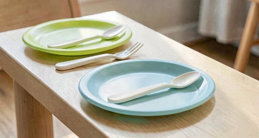 mesa organizada com pratos e talheres infantis na creche