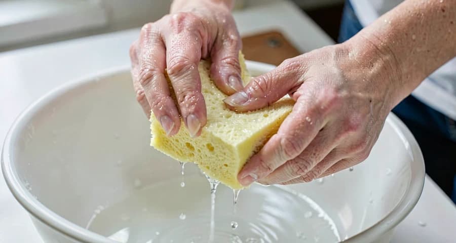 mãos de criança espremendo esponja molhada em atividade sensorial na creche
