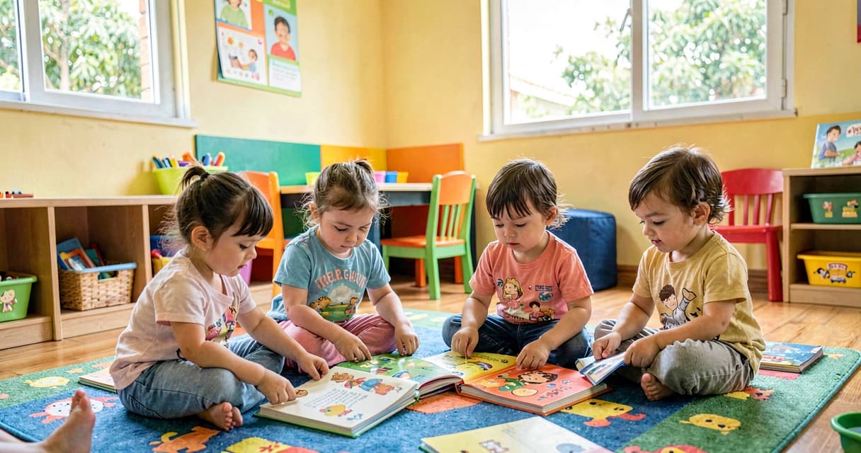 plano de aula cuidando dos livros: crianças da creche folheando livros com cuidado