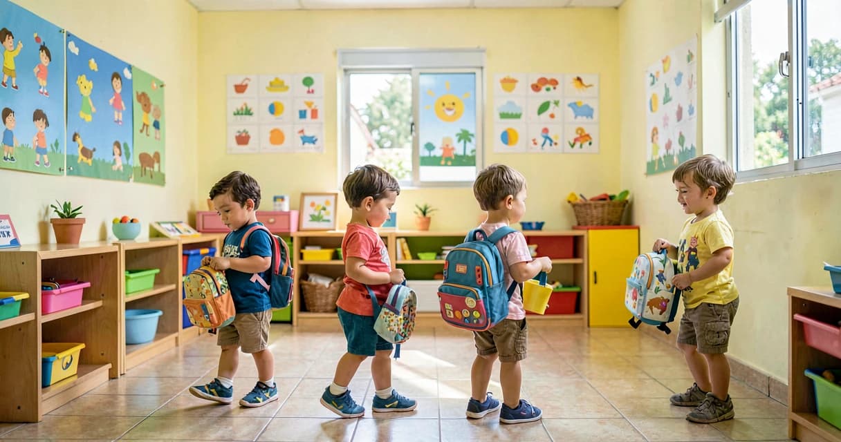 plano de aula arrumando a mochila: crianças da creche organizando pertences para ir embora