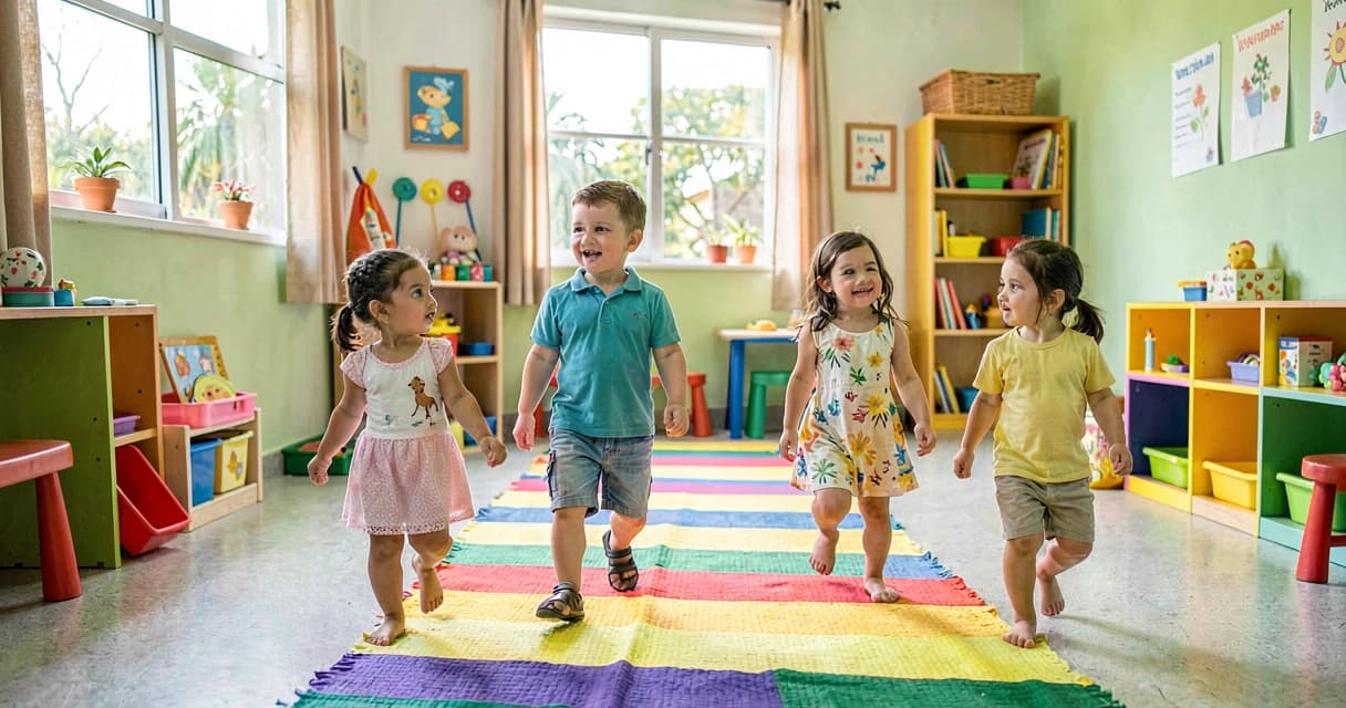 plano de aula caminho de tecidos: crianças da creche percorrendo trajeto de panos coloridos