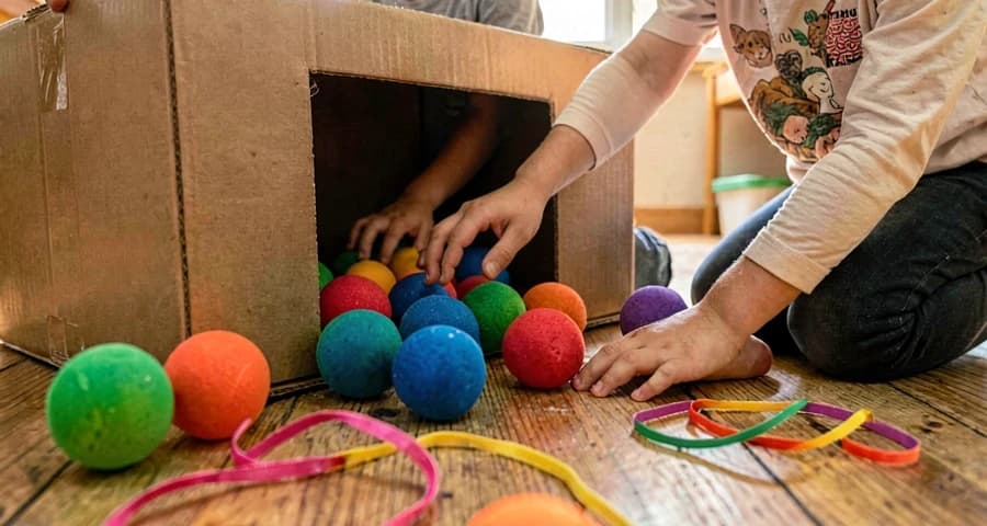 atividade de exploração espacial: crianças explorando dentro de caixa com materiais coloridos