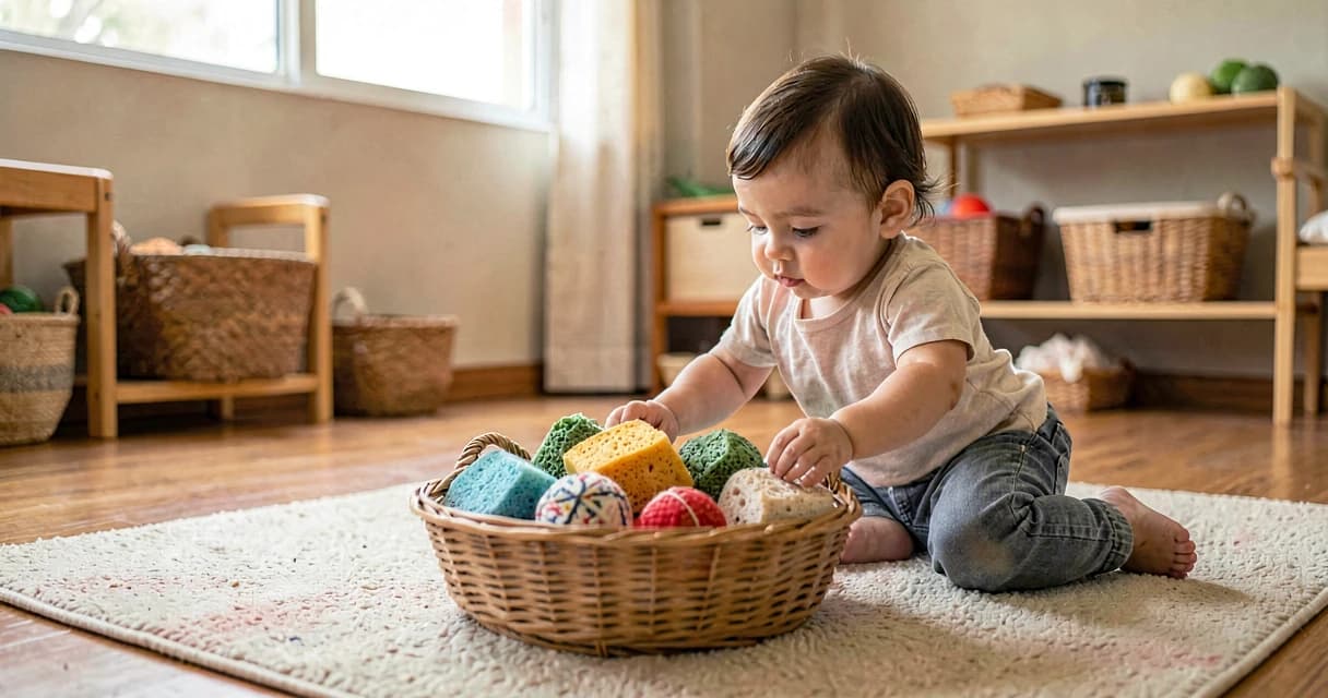 plano de aula cesta de toques: bebê da creche explorando objetos de texturas variadas
