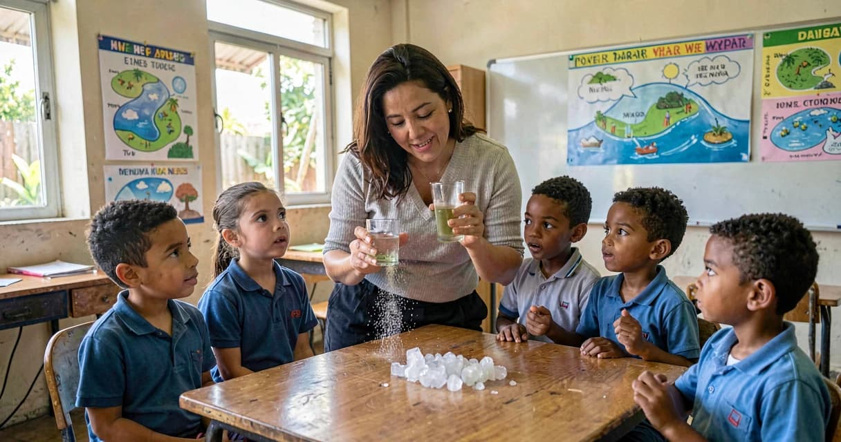 Ciclo da água: professora demonstrando condensação com vidro e gelo em aula de ciências do 3º ano