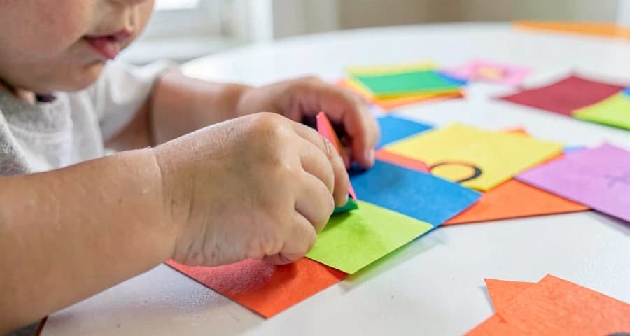 colagem infantil: detalhe das mãos de criança bem pequena colando pedaços de papel colorido em folha branca