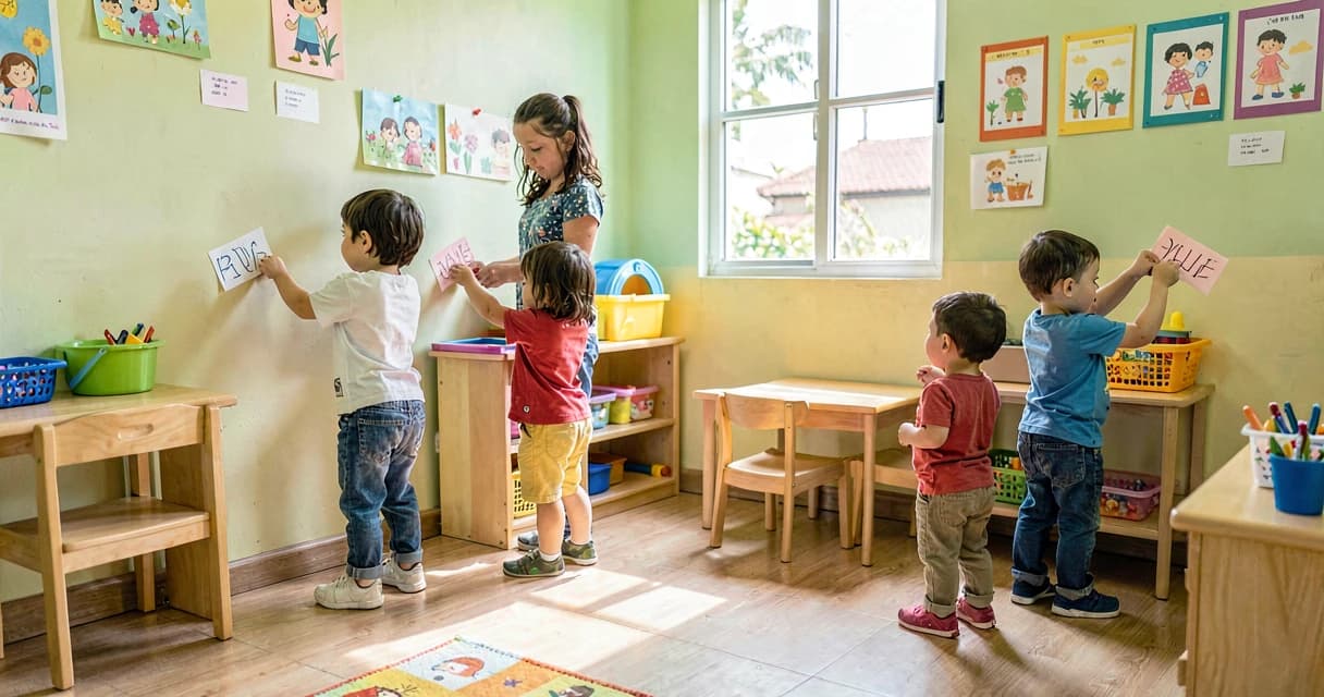 plano de aula etiquetando cantinhos: crianças da creche colando etiquetas em espaços da sala