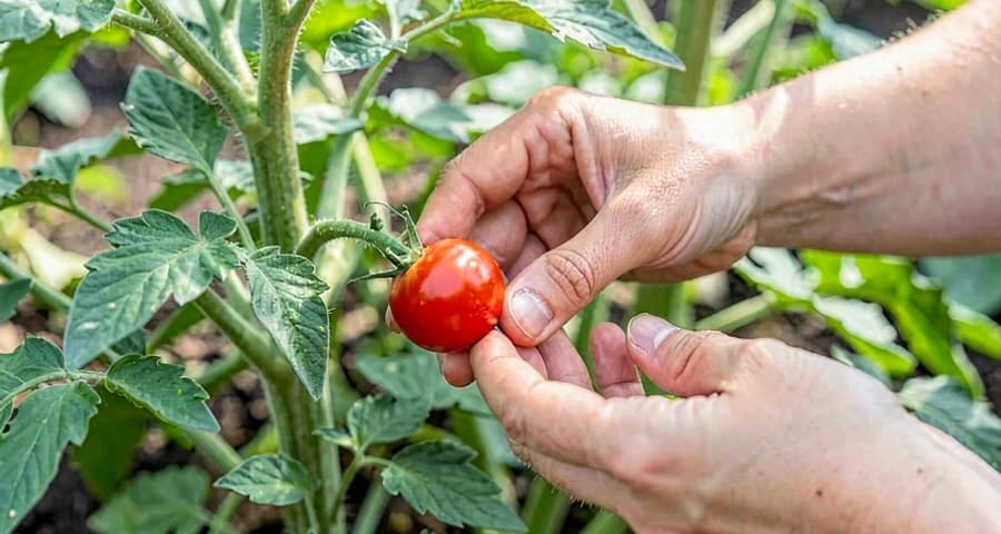 criança da creche colhendo tomate cereja em atividade de horta