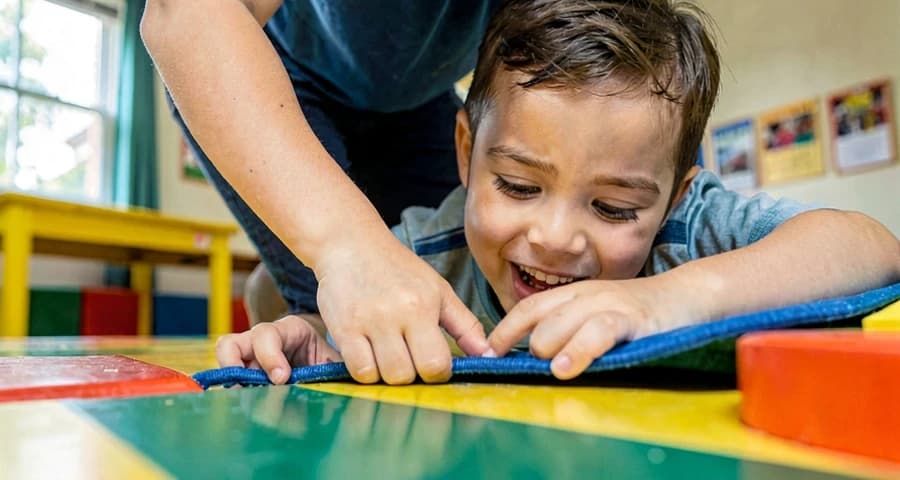 criança engatinhando sob tecido em percurso: close-up mostrando exploração de movimento em atividade motora para educação infantil