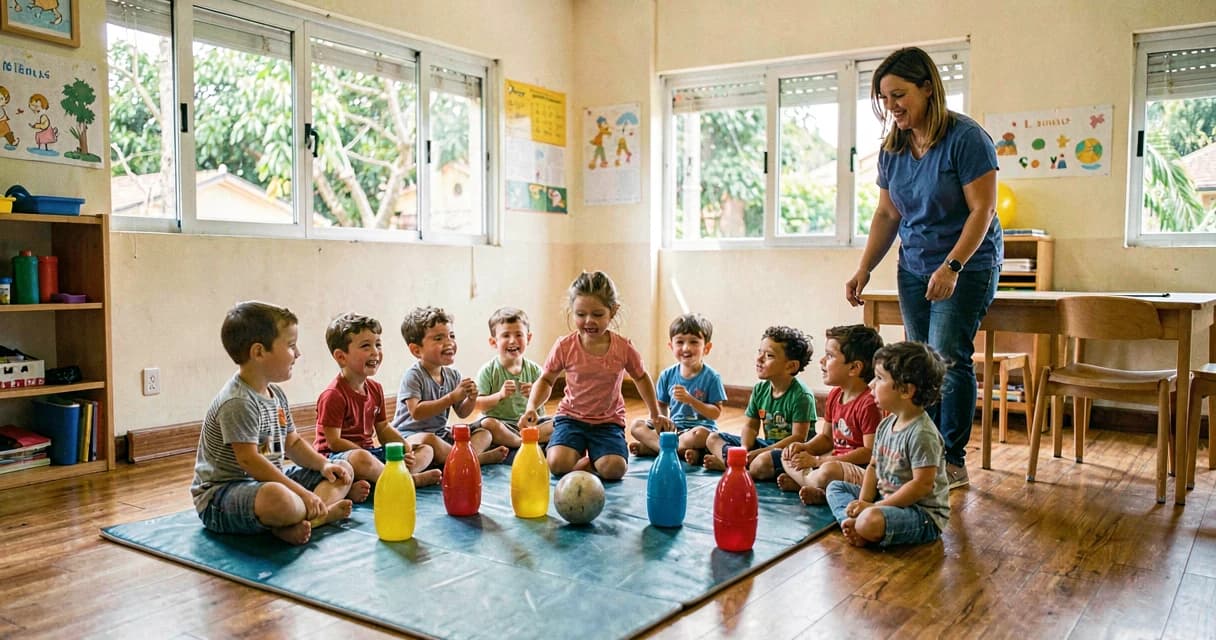 boliche infantil educação: crianças bem pequenas jogando boliche com garrafas em sala de aula