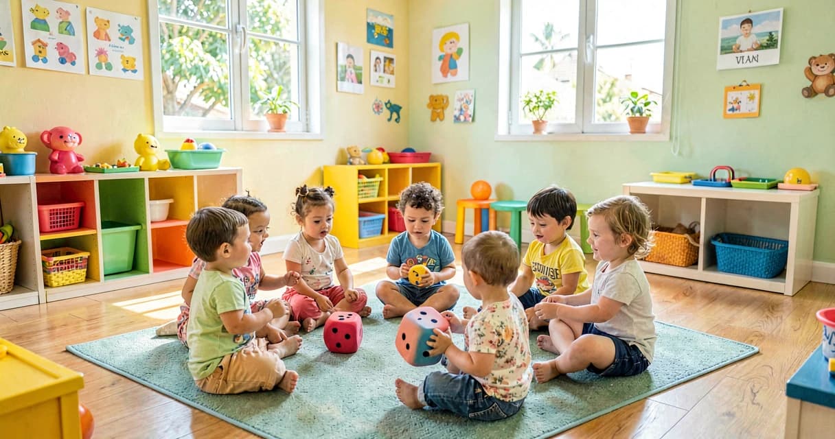plano de aula jogo de dados: crianças da creche contando pontos em dado grande