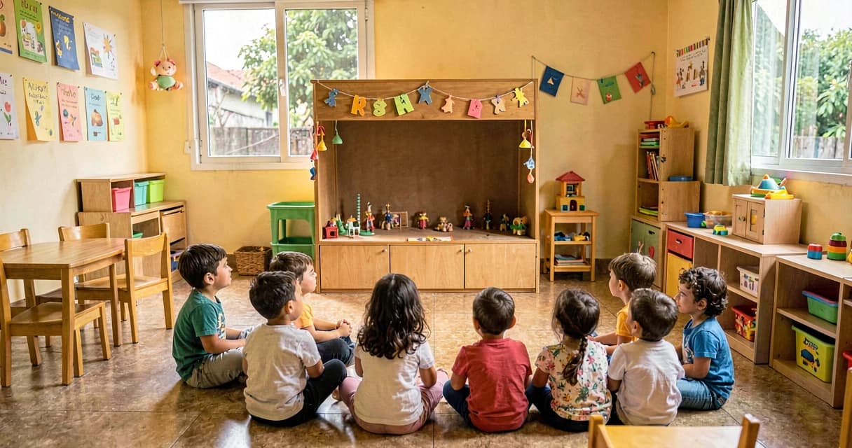 plano de aula teatro de fantoches: crianças da creche assistindo encenação com fantoches