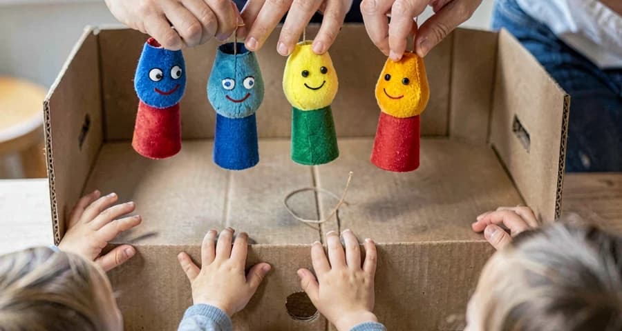 Fantoches de mão coloridos em teatro improvisado: crianças bem pequenas brincando e tocando os personagens
