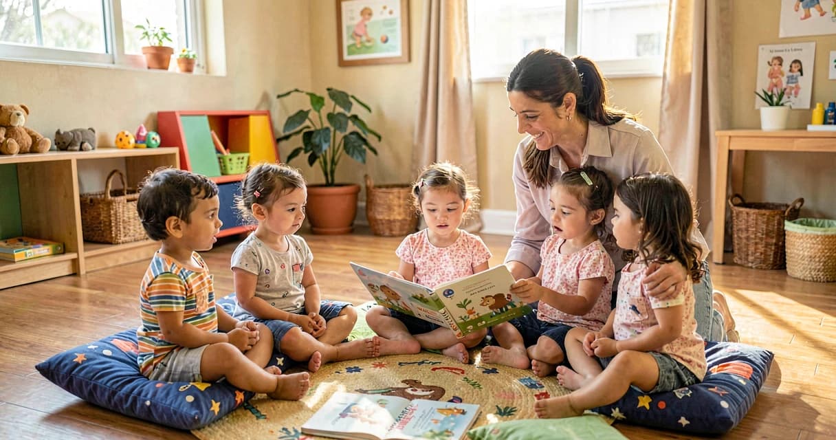 plano de aula roda de história: crianças da creche ouvindo história em grupo