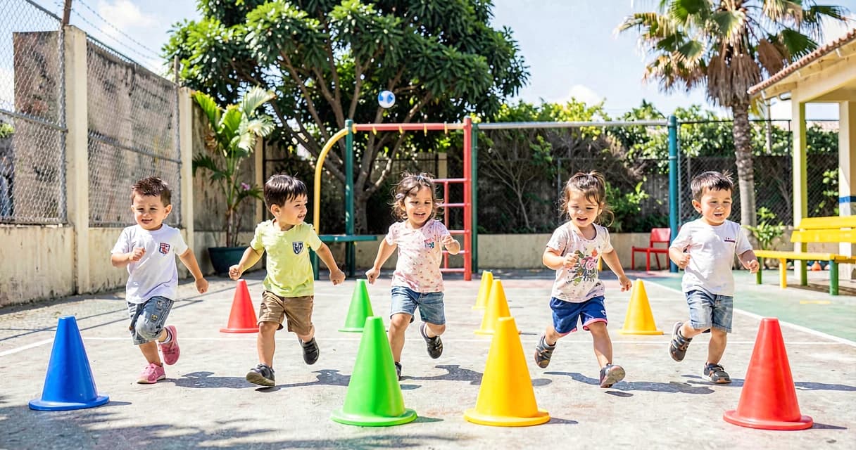 plano de aula corrida de cores: crianças da creche correndo até cones coloridos