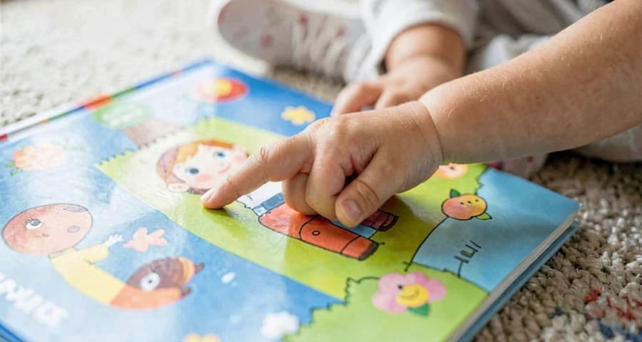 criança da creche apontando para livro escolhido em atividade de votação