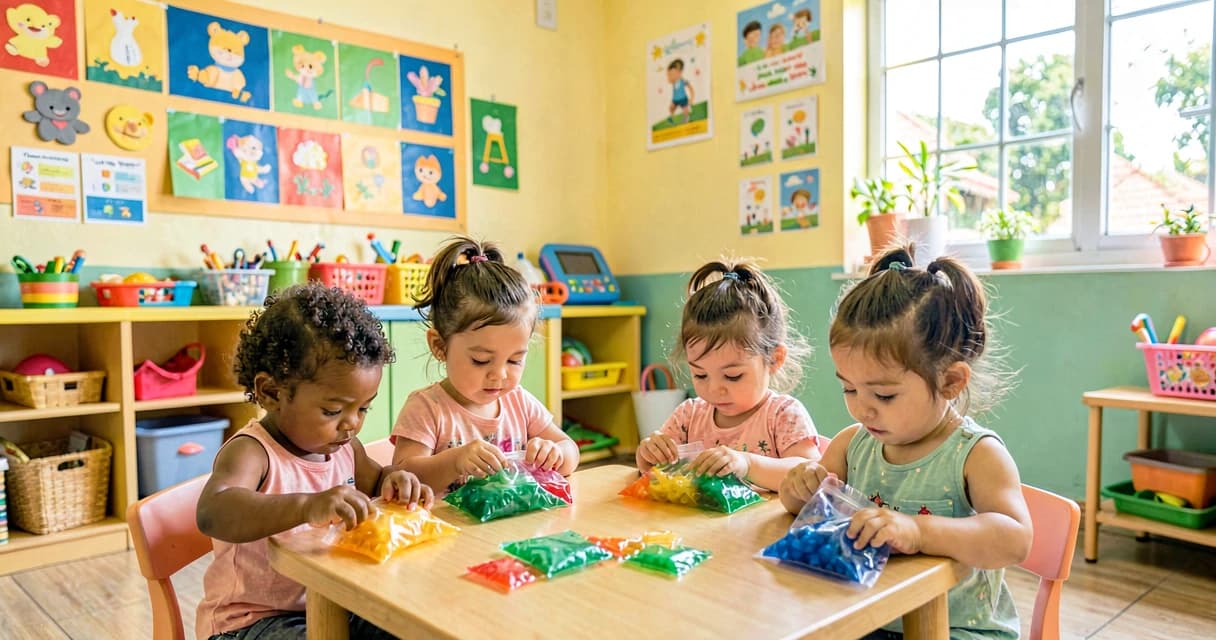 plano de aula sacos sensoriais: bebês da creche pressionando saco colorido lacrado