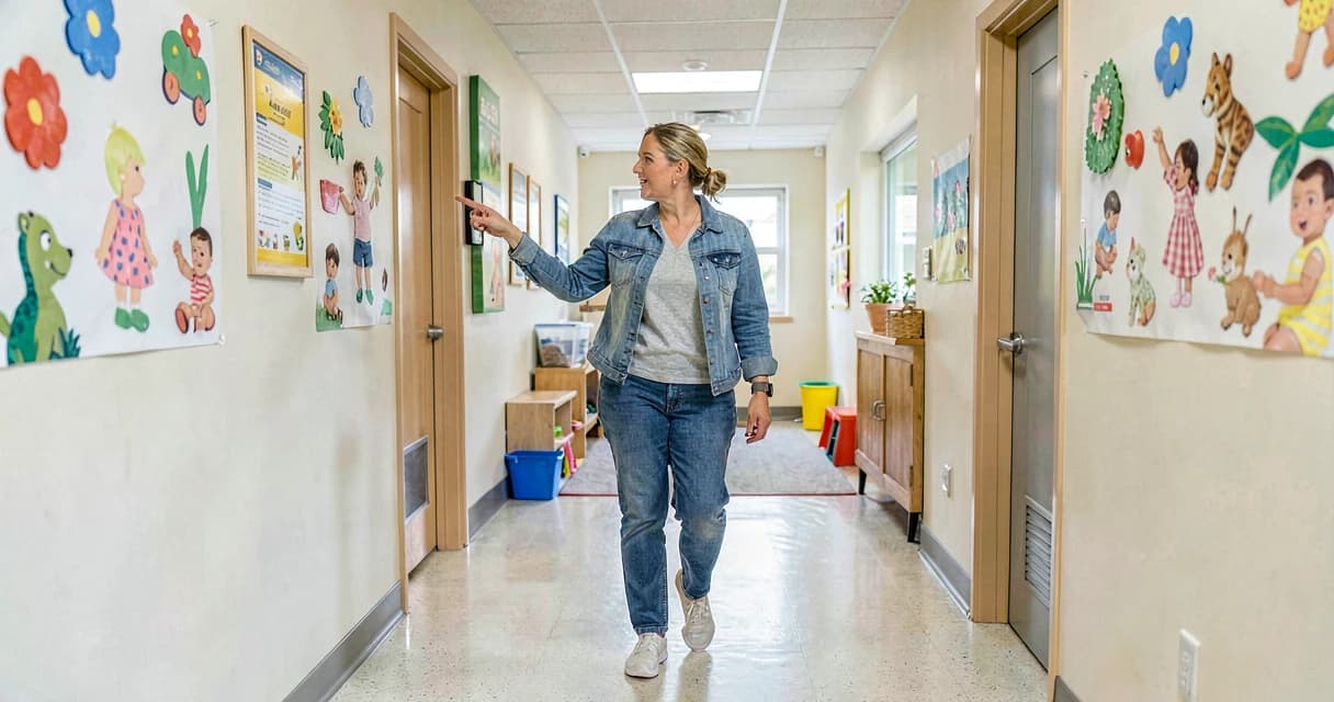 plano de aula descobertas no corredor: bebê da creche explorando corredor com educadora