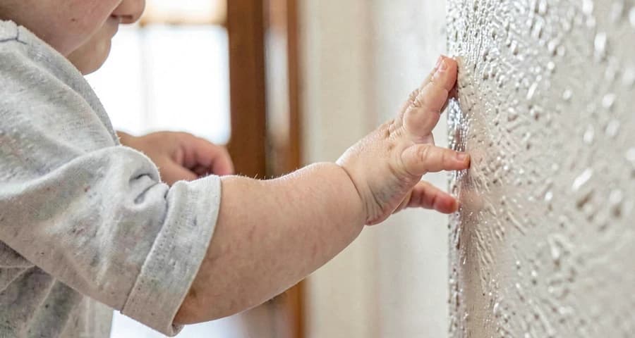 bebê tocando textura de parede durante exploração do corredor na creche
