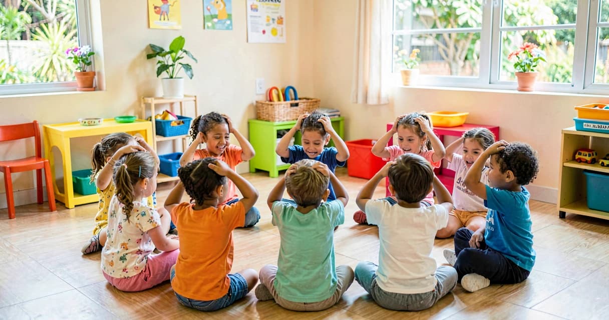 plano de aula partes do corpo: crianças da creche brincando de cantiga tocando o corpo