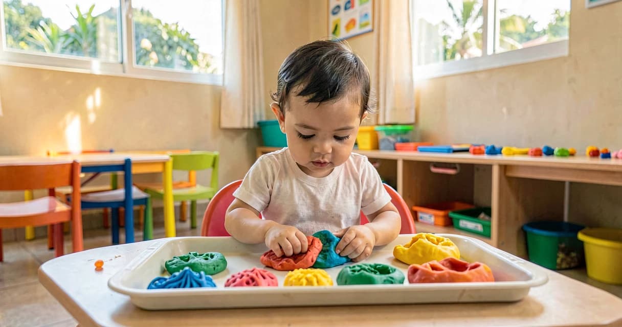 plano de aula massas coloridas: bebê da creche explorando massinha de modelar aromatizada