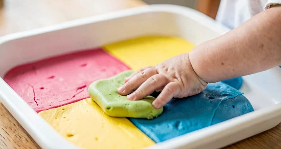 bebê tocando massa de modelar colorida durante atividade sensorial
