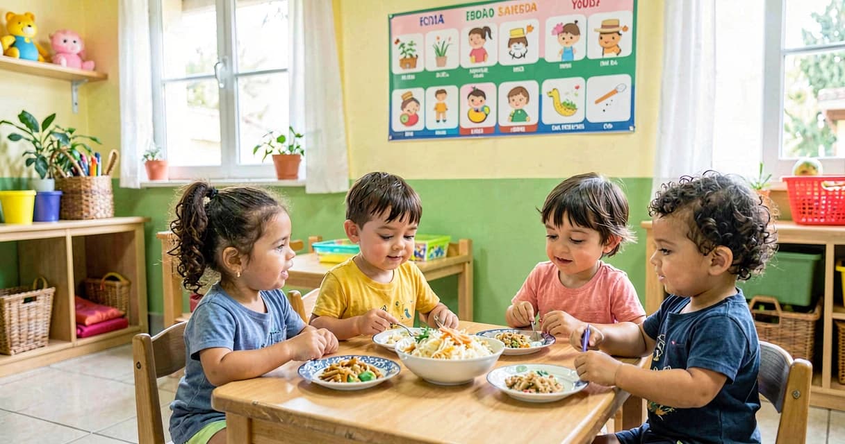 plano de aula cardápio do dia: crianças da creche observando cartaz de alimentos