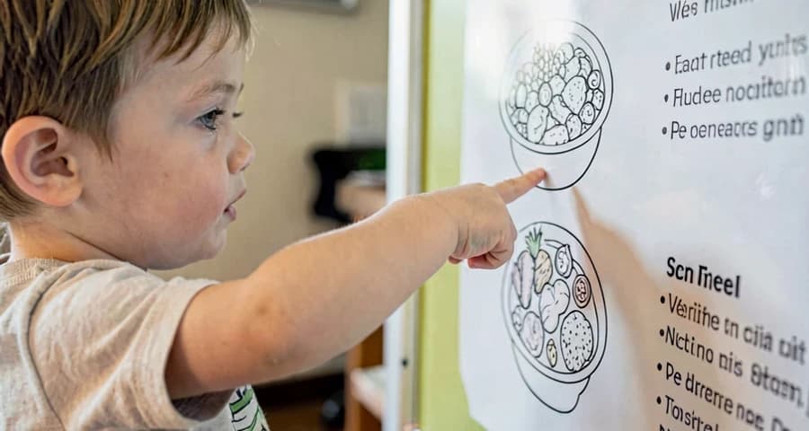 criança da creche apontando alimento em cartaz de cardápio ilustrado