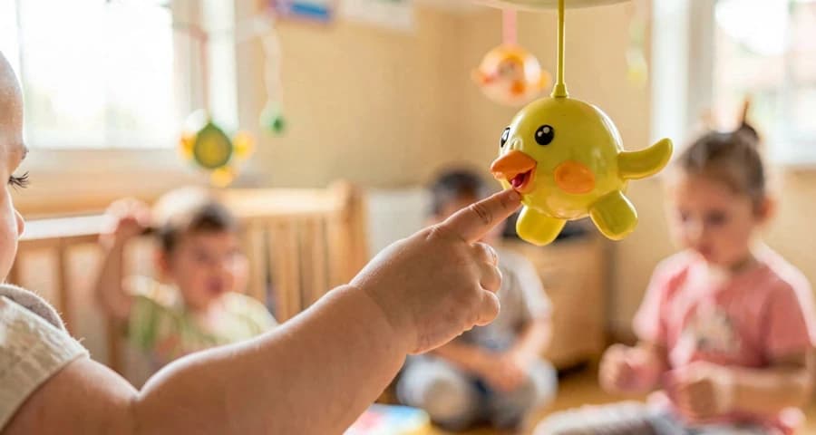 Atividade exploração sensorial: mão de bebê tocando móbile de pássaro em sala de creche