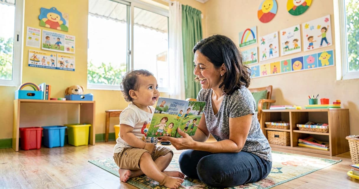 plano de aula despertando curiosidade: educadora mostrando livro colorido para bebê