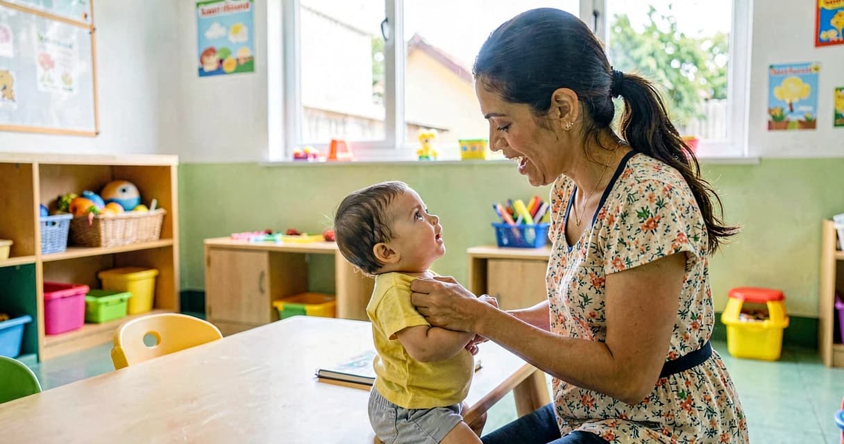 plano de aula cantigas de chegada: educadora recebendo bebê com música na creche