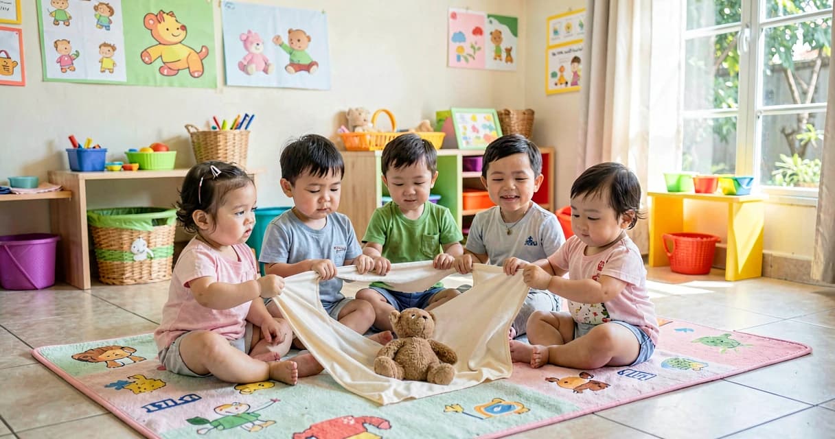 plano de aula bichinho escondido: bebês da creche puxando pano para encontrar boneco de animal