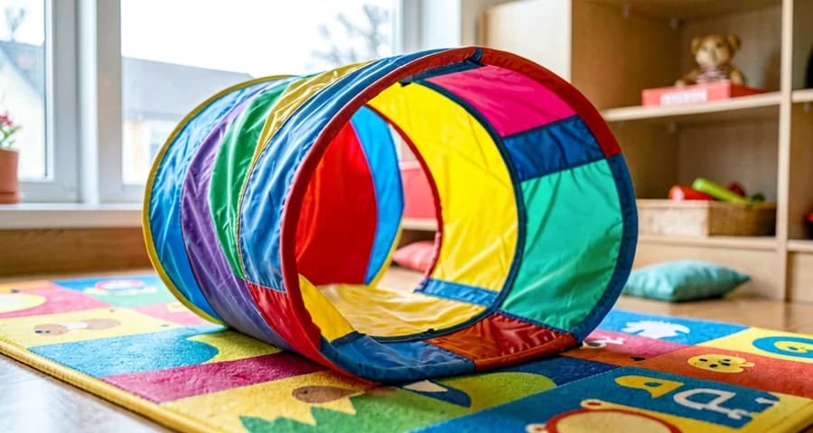 túnel de tecido colorido usado em atividade motora de bebês na creche