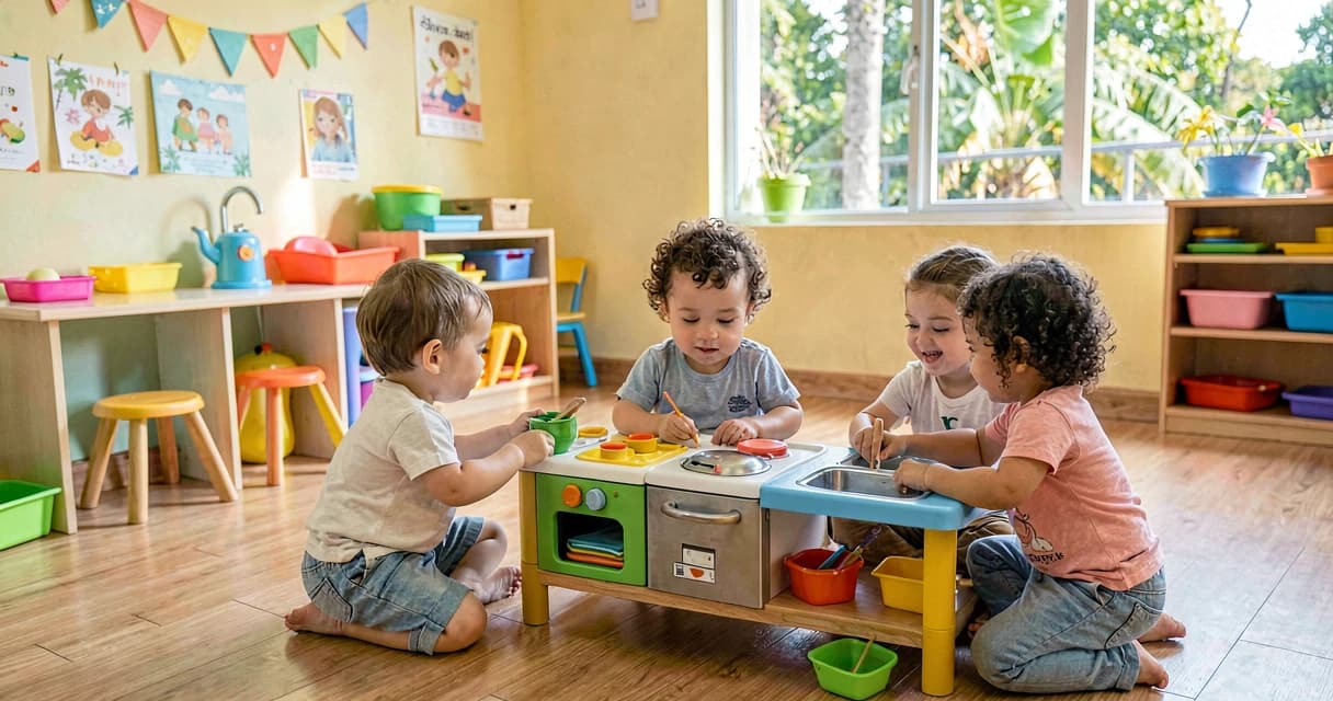 plano de aula faz de conta cozinha: bebês da creche brincando com cozinha de brinquedo