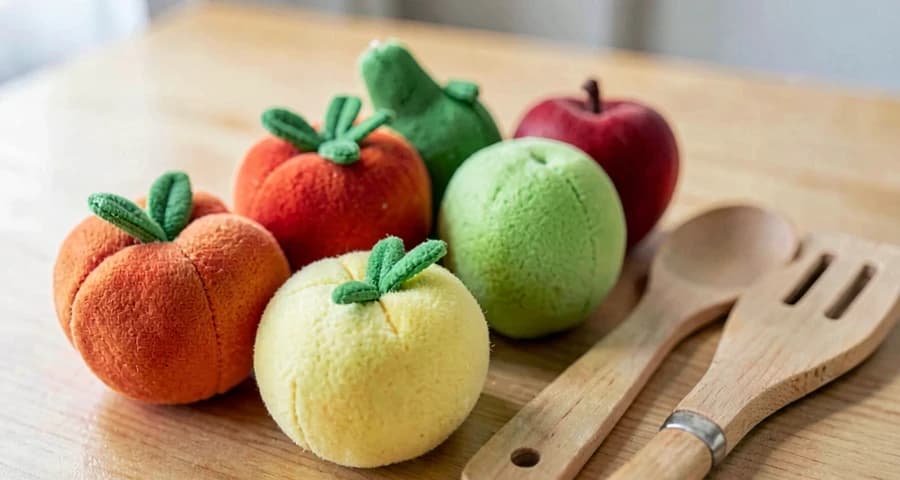 alimentos de brinquedo usados em atividade de faz de conta na creche