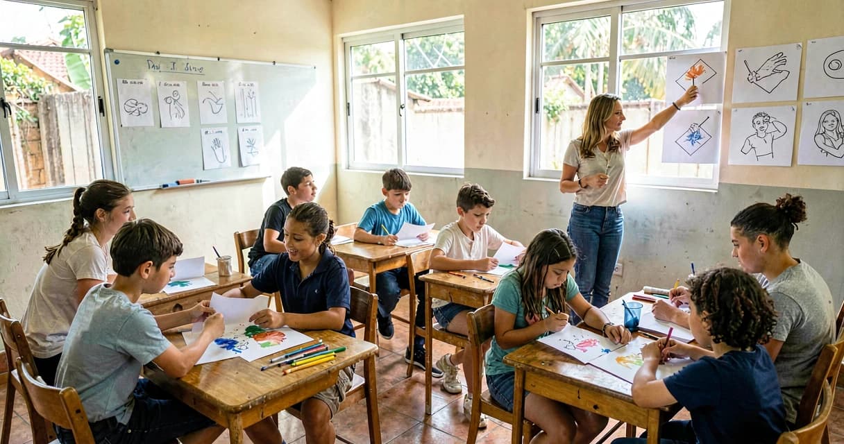 Aula de frações equivalentes: alunos do 7º ano dobrando papel colorido em sala de aula brasileira