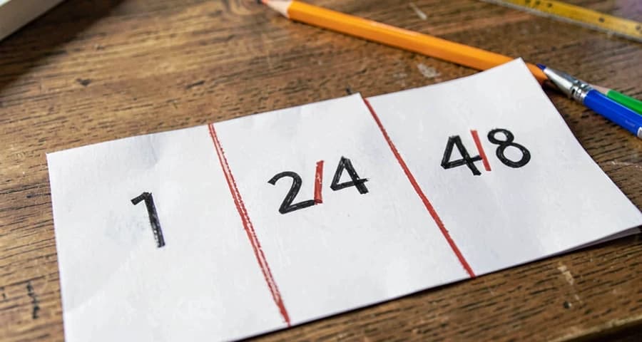 Dobradura de papel: frações equivalentes 1/2, 2/4 e 4/8 representadas visualmente com cores