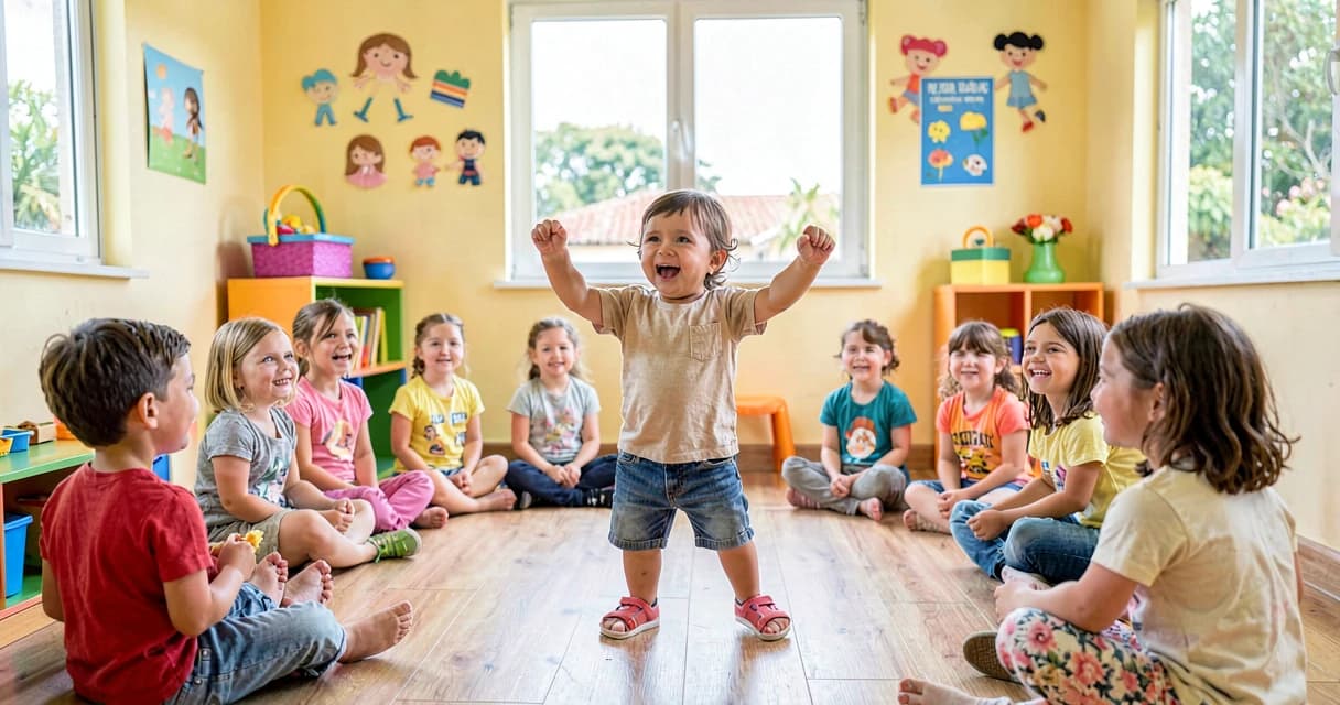 plano de aula apresentando movimento: criança da creche dançando para os colegas