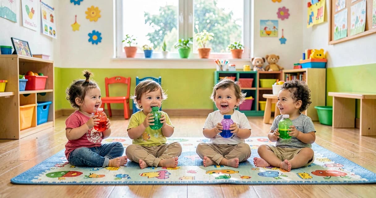 plano de aula garrafas sensoriais: bebês da creche explorando garrafas coloridas