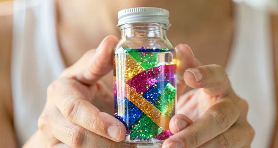 garrafa sensorial colorida explorada por bebê em atividade na creche