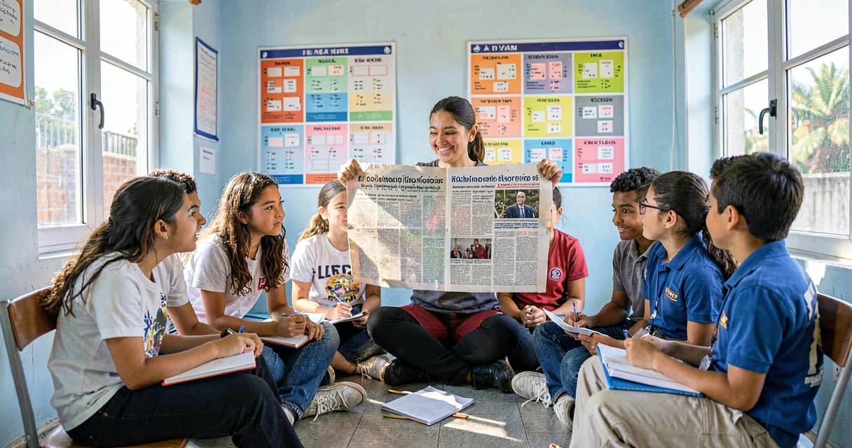 gêneros textuais: alunos do 6º ano analisando notícia e reportagem impressas em roda de discussão