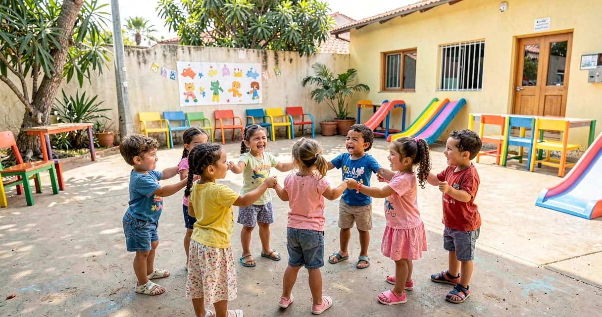 plano de aula cantiga de roda: crianças da creche de mãos dadas cantando em círculo