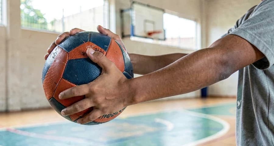 fundamentos de handebol: aluno demonstrando posição de mãos e braço durante passe de ombro com bola de handebol