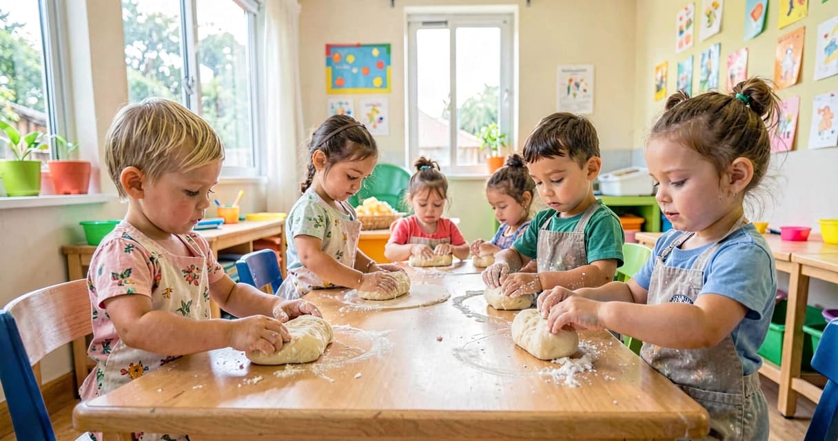 plano de aula profissões do bairro: crianças da creche imitando gesto de padeiro