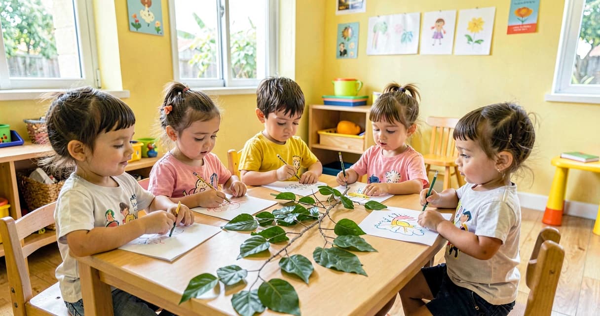 plano de aula desenho inspirado na natureza: crianças da creche desenhando com folhas ao lado