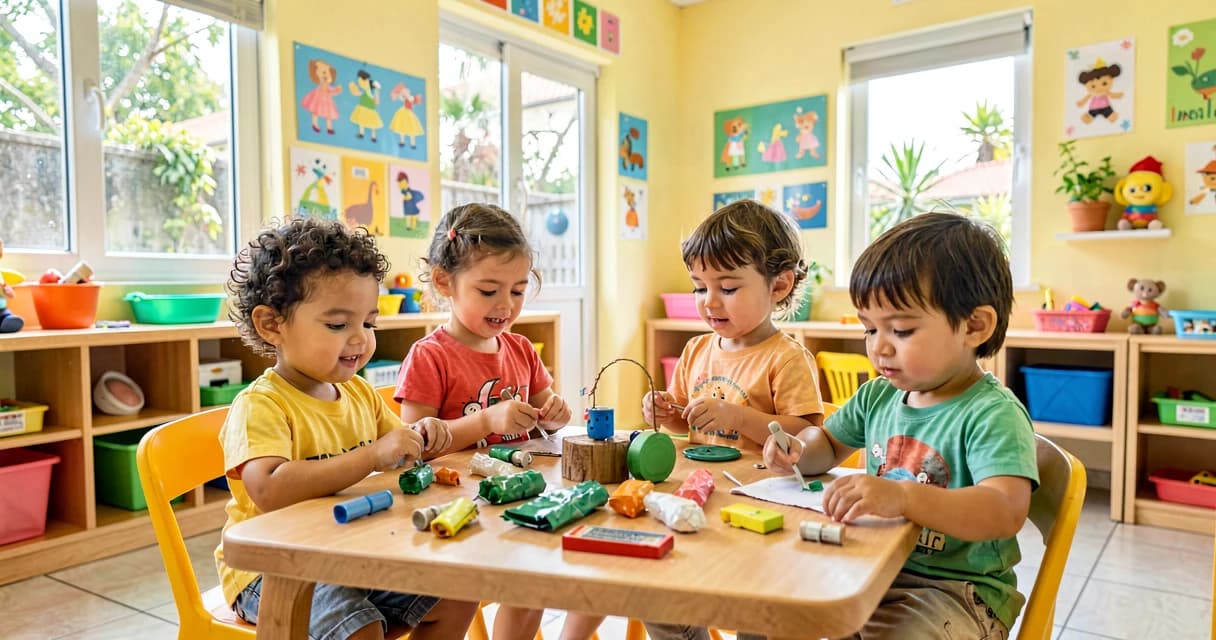 plano de aula construindo brinquedo: crianças da creche montando brinquedos com materiais recicláveis