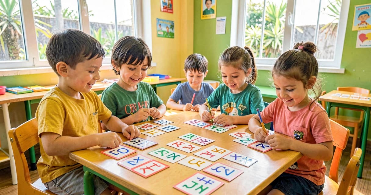 jogo da memória com letras: crianças do 1º ano jogando em grupo com cartões de alfabeto sobre a mesa